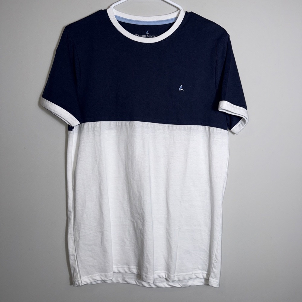 Tailor Vintage Mens Colorblock Ringer T-Shirt Navy Blue White 100% Cotton Medium